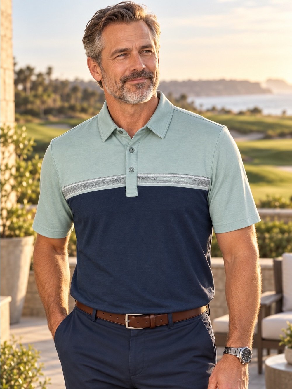 TravisMathew Men’s Colorblock Golf Polo Mint Green Navy Size M
